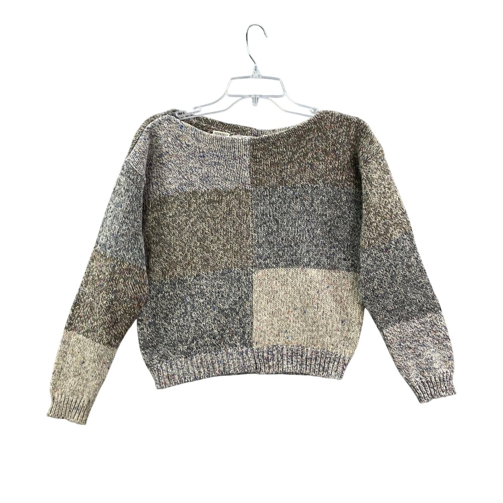 Vintage Albee Patchwork Sweater Womens Small Brown Colorblock Knit Boat Neck 70s